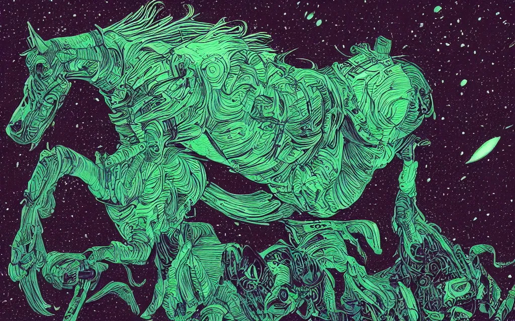 Image similar to very detailed, prophet graphic novel, ilya kuvshinov, mcbess, rutkowski, simon roy, illustration of an abyssal green alien horse, wide shot, colorful, deep shadows, astrophotography, award winning