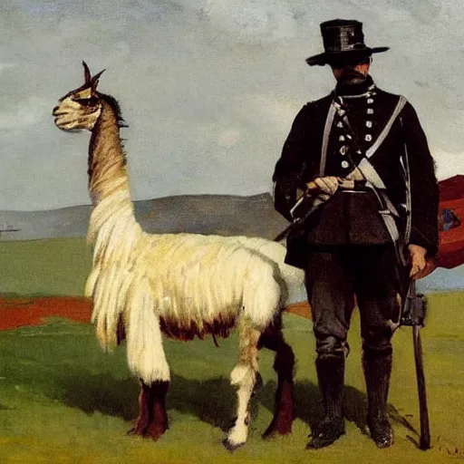 Image similar to oil painting by winslow homer of a civil war soldier and a llama.