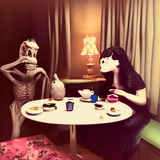 Prompt: my sleep paralysis demon having tea with the monster that lives under my bed, candid photograph