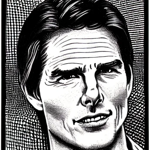 Image similar to a portrait drawing of Tom Cruise drawn by Robert Crumb
