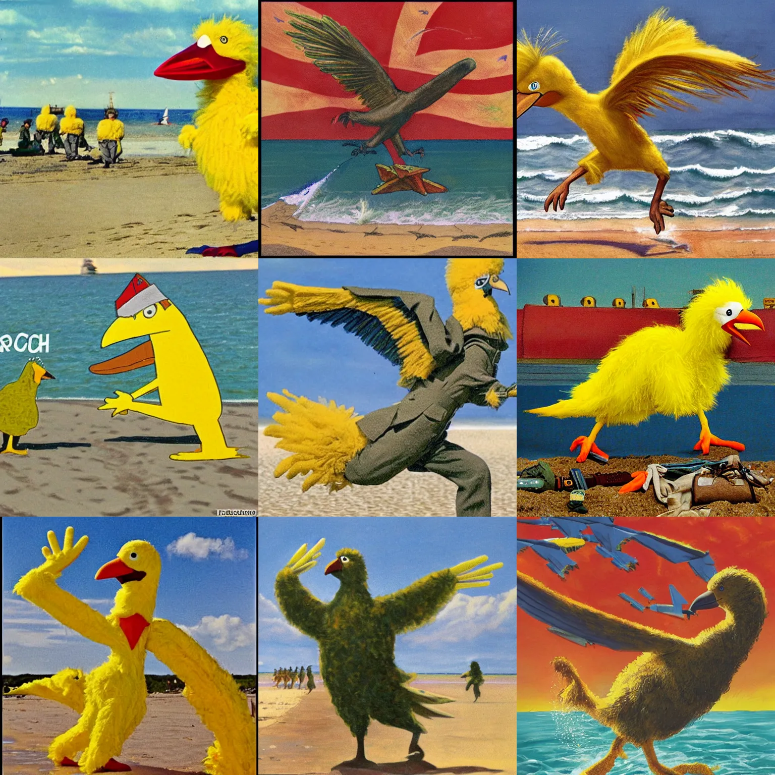 Prompt: big bird storming the beaches of normandy, colorized, interpretation