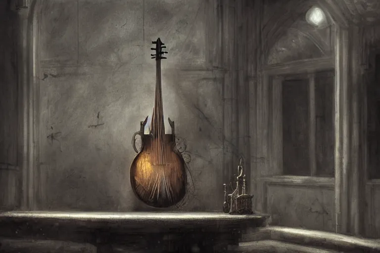 Image similar to still life painting, musical instument alone - a lute with smoke wisping up from its smoldering string, cursed baroque with ebony inlay, designed by brian froud and hr giger leans against the wall alone, abandoned. an empty brutalist chamber, lonely, somberlate afternoon lighting cinematic fantasy painting by jessica rossier