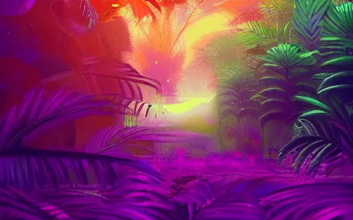 Prompt: a beautiful jungle, orange and purple color scheme, vivid color, vivid lighting, vaporwave, digital art, artstation, 4 k