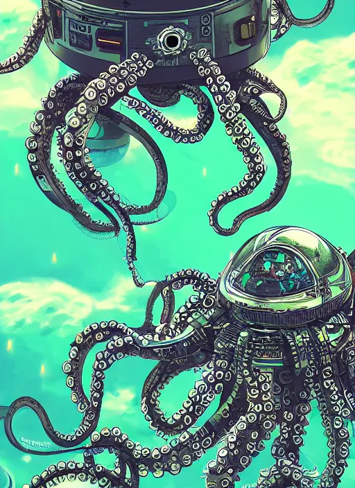Image similar to robotic cyborg octopus in the space rocket 4 k, vaporwave style, green helmet, super detailed photorealistic, art by akihiko yoshida