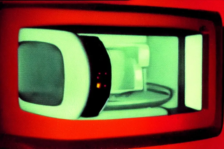 Image similar to retro robot sticking her head inside of a microwave, from 1977, bathed in the glow of a crt television, low-light photograph, in the style of jack bridgeland