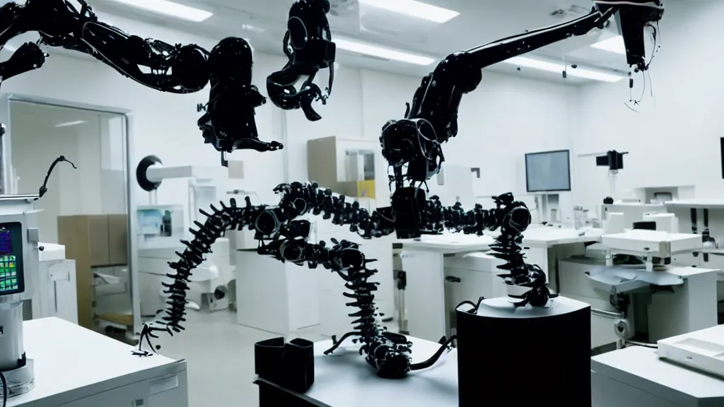 Image similar to a complex bifurcated robotic cnc surgical arm hybrid mri 3 d printer machine making black and white ceramic mutant forms in the laboratory inspection room, film still from the movie directed by denis villeneuve with art direction by salvador dali, wide lens