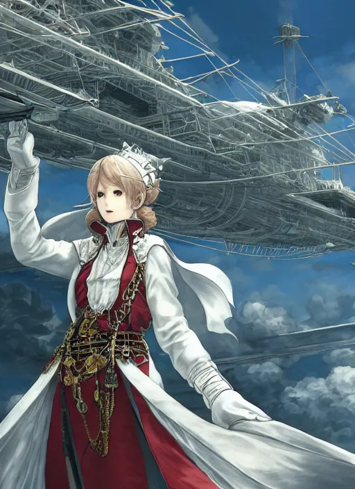 Image similar to character portrait of the white herald on the deck of an imperial airship in the sky, hidari, color page, tankoban, 4K, tone mapping, Akihiko Yoshida.