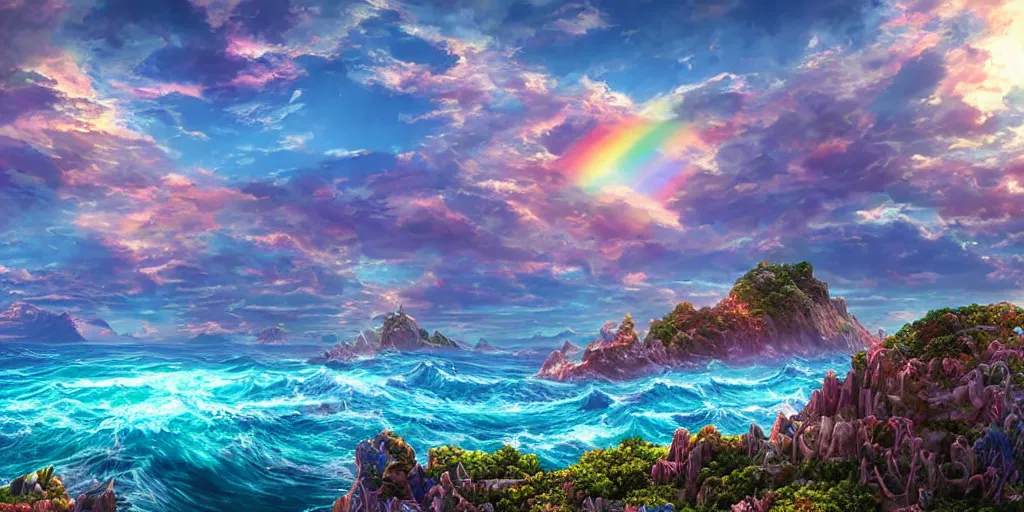 Prompt: the aesthetic view of the beautiful, grand, wistful, dreamy landscape of an open ocean at dusk, hyper realistic photograph, rainbow colorful, extremely detailed, insanely intricate linework, super sharp focus, extremely bright colors, octopath traveler, studio ghibli, unreal engine 5 highly rendered, global illumination, radiant light, detailed and intricate environment