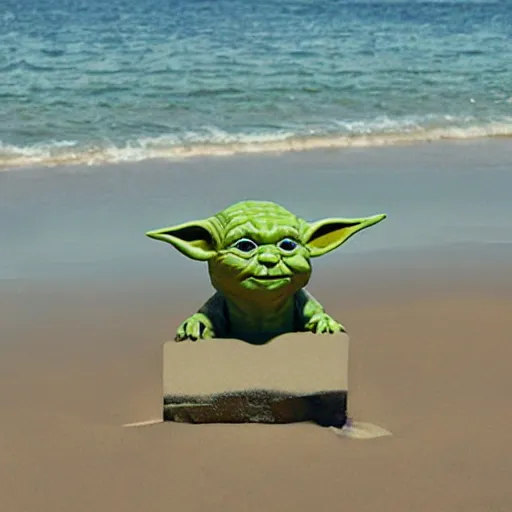 Image similar to sad Yoda on a beach