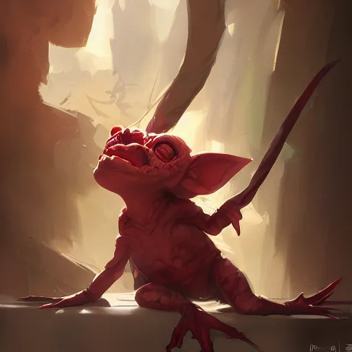 Image similar to A cute blood gremlin, by Stanley Artgerm Lau, WLOP, Rossdraws, James Jean, Andrei Riabovitchev, Marc Simonetti, and Greg Rutkowski, trending on artstation