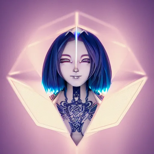 Image similar to full body character, beautiful anime woman smiling, symmetrical eyes, symmetrical face, symmetrical nose, tattooed, geometric lighting : : octane render, 8 k resolution, high quality, digital art, fantasy