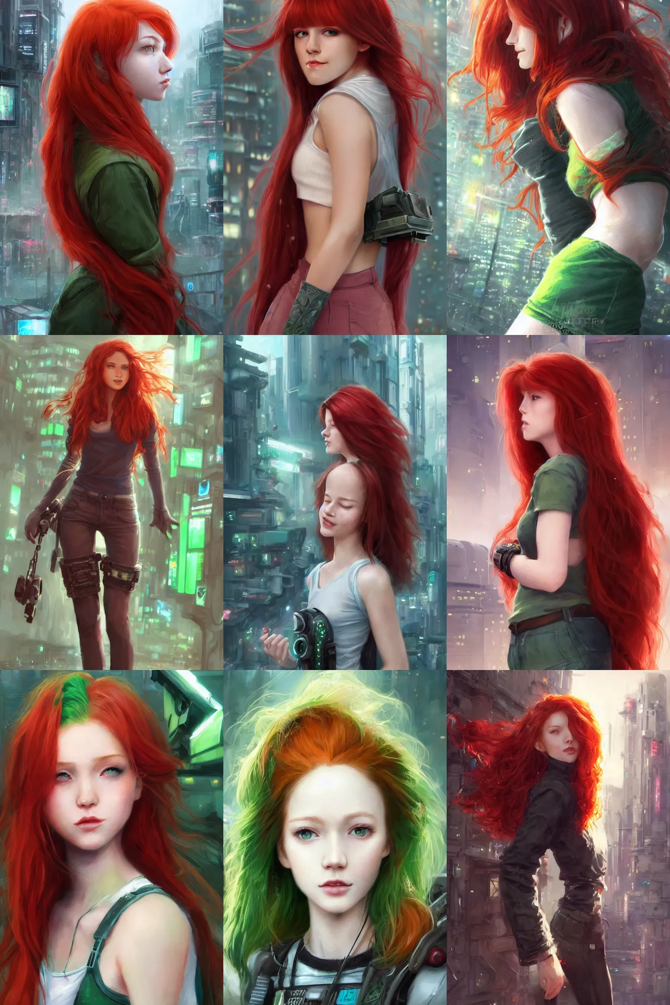 Prompt: beautiful cute red haired eighteen year old young girl standing up, casual green clothing, long hair, cyberpunk city, cute cheerful face, rpg character, sci - fi, intricate, elegant, digital painting, artstation, concept art, smooth, 8 k frostbite 3 engine, ultra detailed, art by artgerm and greg rutkowski and magali villeneuve