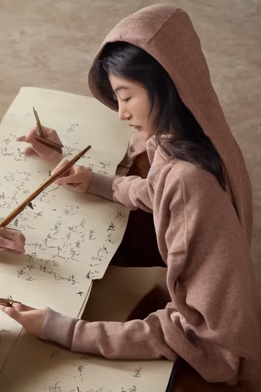 Image similar to Diwani calligrapher shy woman with brown hair in beige hoodie writing on magical paper bamboo pen sparks of it fantasy