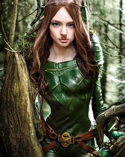 Prompt: a beautiful photo of a young woman, green elf ranger with long flowing hair and a green leather hood, elf ranger leather armor with olive green and brown colors and gold lining, young female face, realistic body proportions, inside deep in a magical forest, cinematic top lighting, insanely detailed and intricate, face by wlop, Charlie Bowater, designs by zhelong xu and gustave doré, golden ratio, symmetric, elegant, ornate, luxury, elite, matte painting, cinematic, trending on artstation, deviantart and cgsociety, 8k, high resolution