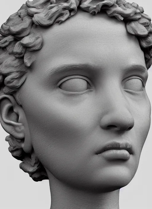 Image similar to 3D resin miniature sculpture by Jean-Baptiste Carpeaux and Antonio Corradini, woman, prefect symmetrical face, academic art, realistic, 8K, Introduction factory photo, Product Introduction Photo, Hyperrealism. Subsurface scattering, raytracing, Octane Render, Zbrush, simple background