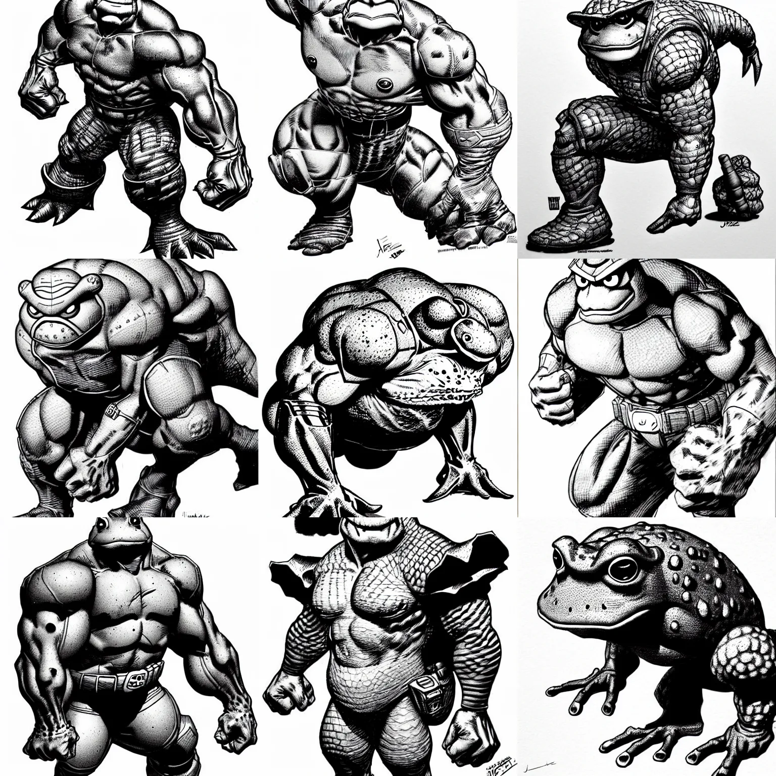 Prompt: toad animal!!! jim lee!!! sideview full shot!! flat grayscale ink sketch by jim lee close up in the style of jim lee, ( attention pose ) cyborg! rugged knight hulk toad animal superhero by jim lee