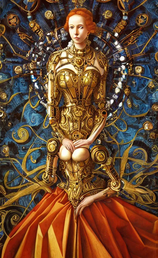 Prompt: beautiful mural of the young cyborg empress, piercing glowing robot eyes, elegant, royal ornamental gown, striking composition, highly detailed ornate sci fi background, mural in the style of sandro botticelli, caravaggio, albrecth durer, 8k