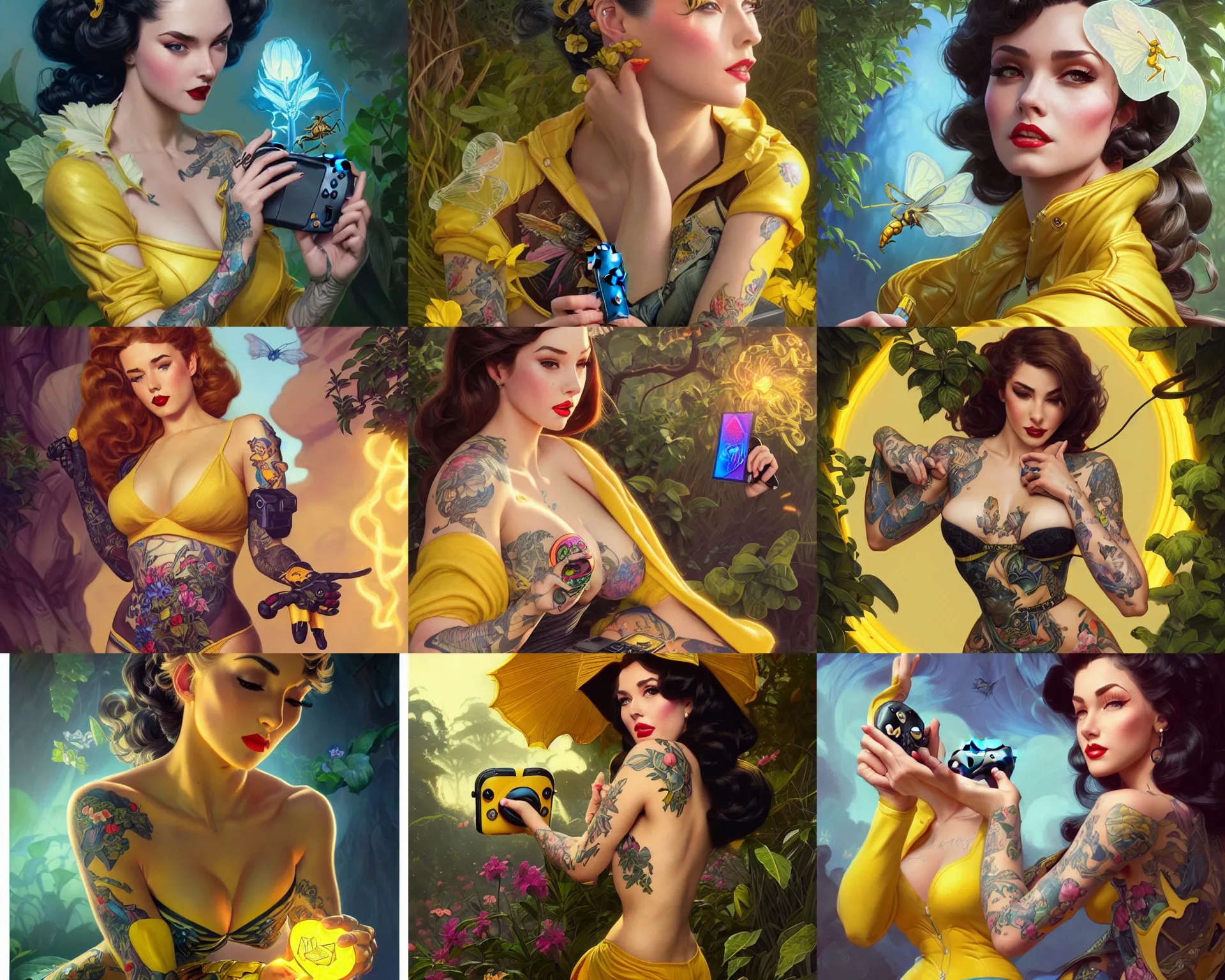 Prompt: yellow jacket tattooed pinup lies at the garden playing with the nintendo switch, deep focus, turnaround, fantasy, intricate, elegant, highly detailed, digital painting, artstation, concept art, matte, sharp focus, illustration, hearthstone, art by artgerm and greg rutkowski and alphonse mucha.