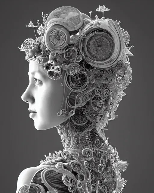 Image similar to mythical dreamy black and white organic bio - mechanical spinal ribbed profile face portrait detail of translucent steampunk beautiful female angelic - human - queen - vegetal - cyborg, highly detailed, intricate crystal ivy jelly ornate, poetic, translucent roses ornate, 3 d render, digital art, octane render, 8 k artistic photography, photo - realistic, by dora maar