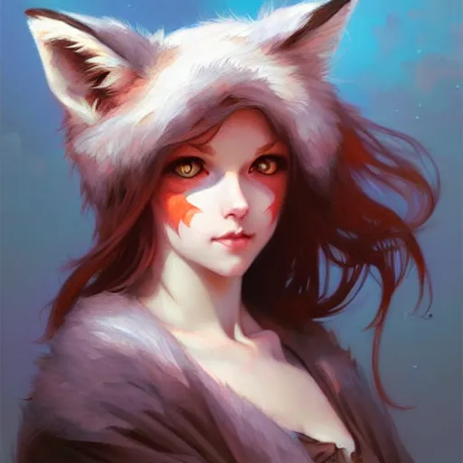 Image similar to Cuddly fox girl with large ears and blue eyes, face, realistic, cute, cartoonish, digital painting, artstation, concept art, smooth, sharp focus, illustration, art by Krenz Cushart and Artem Demura and alphonse mucha