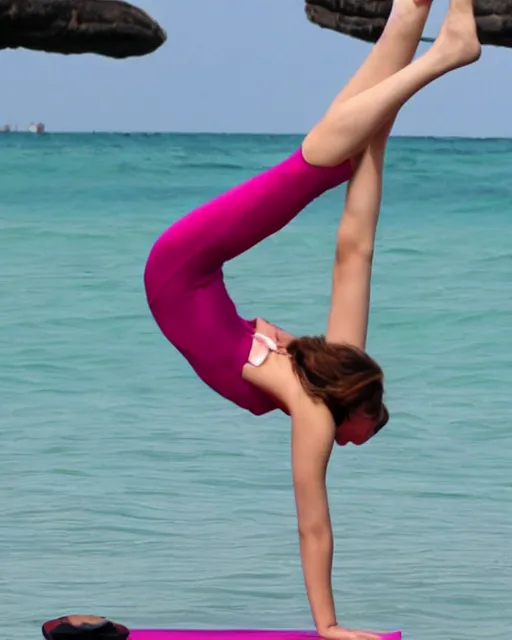 Image similar to emma watson doing a headstand yoga pose in bikini