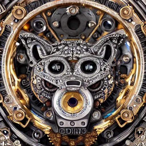 Prompt: A steampunk fox head with sparkling eyes made from ornate engraved full plate armor and Rolex gears and jewels and gems, macro shot by Justin Gerard, unreal engine, detailed, intricate, physically based rendering