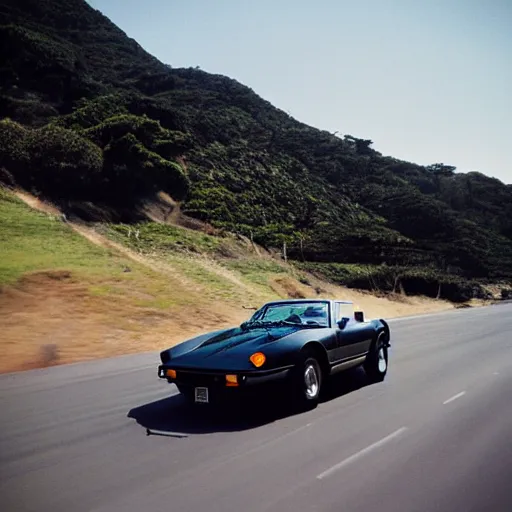 Image similar to “an action photograph of a black 1972 Ferrari Daytona Spyder racing along the Pacific Coast Highway, ocean in the background”