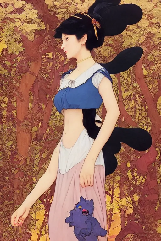 Prompt: kiki in kiki\'s delivery service in ancient java, highly detailed, digital painting, artstation, concept art, smooth, sharp focus, illustration, ArtStation, art by artgerm and greg rutkowski and alphonse mucha and J. C. Leyendecker and Edmund Blair Leighton and Katsuhiro Otomo and Geof Darrow and Phil hale and Ashley wood and Ilya repin and Charlie Bowater