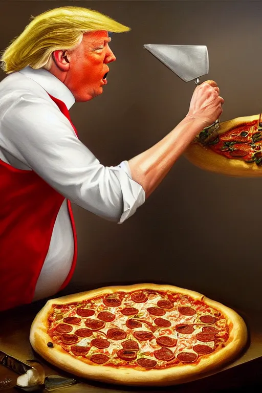 Image similar to trump making a pizza oil on canvas, intricate, portrait, 8 k highly professionally detailed, hdr, cgsociety