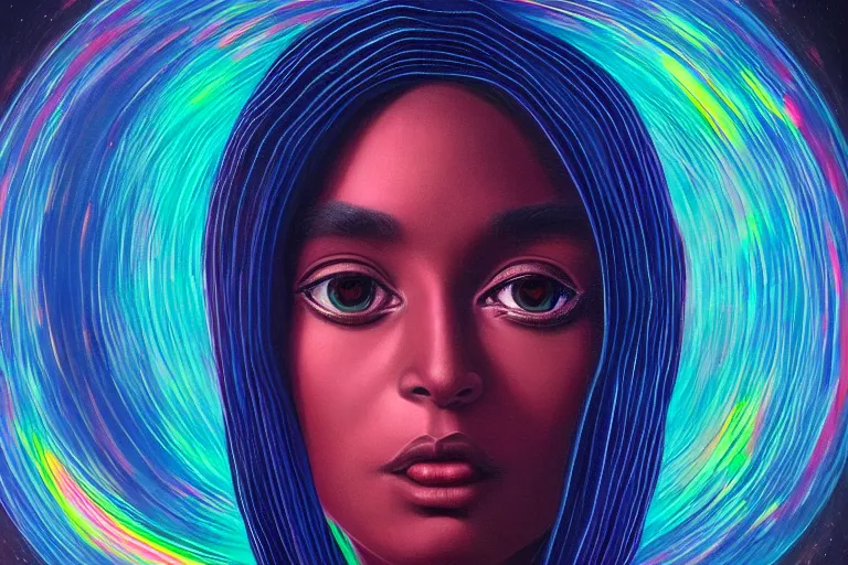 Image similar to patron saint of 🛸🌈👩🏾, futuristic iridescent clothing, wormhole, nebula, black hole, multiverse, neon god of city character portrait, in the style of margaret keane, moebius, tom bagshaw, and waterhouse, cinematic lighting, beautiful, elegant, oil painting,