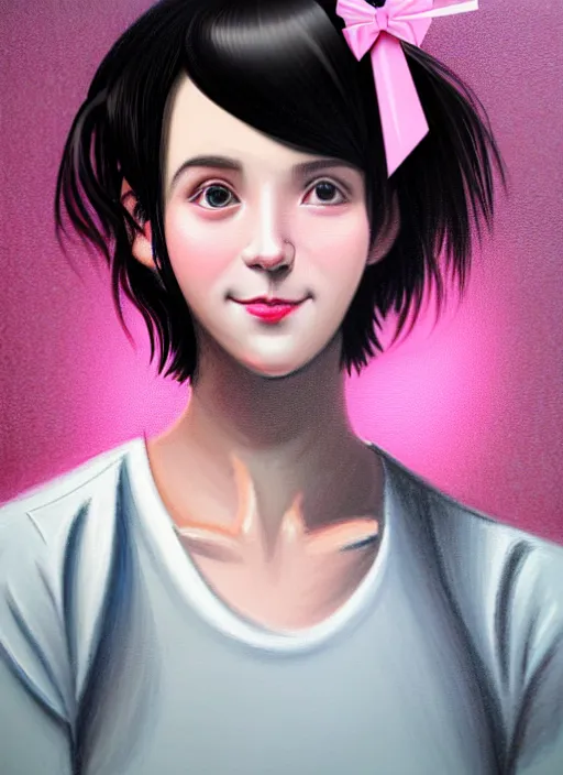 Image similar to portrait of high school girl, realistic, black hair, bangs, half updo hairstyle, pointy nose, skinny, smile, ugly, defined jawline, big chin, pink hair bow, earrings, intricate, elegant, glowing lights, highly detailed, digital painting, artstation, sharp focus, illustration, art by wlop, mars ravelo and greg rutkowski