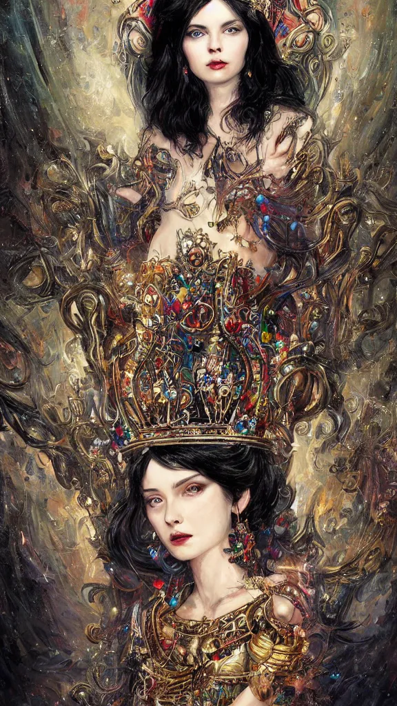 Image similar to painting of a beautiful black haired woman with pale skin and a crown on her head sitted on an intricate metal throne, illustration, artistic, colorful, hyper detailed, in the style of greg rutkowski,