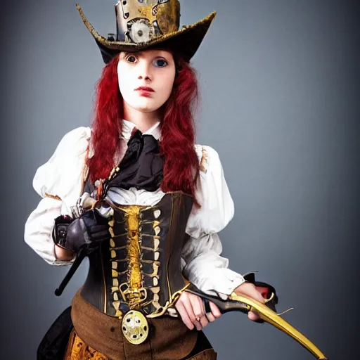 Prompt: photo of a female steampunk musketeer