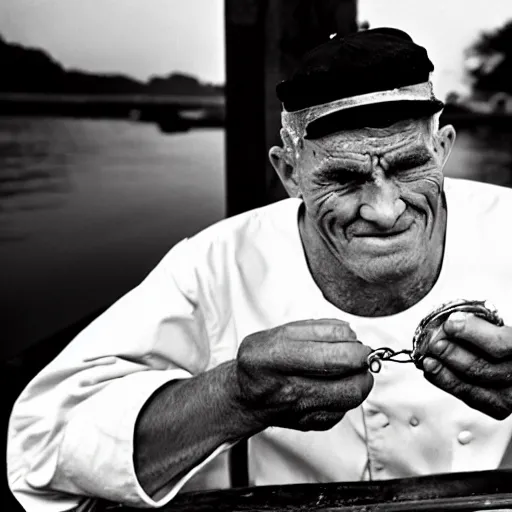 Prompt: a photograph of a real - life popeye the sailor man struggling to open a can of spinach, restaurant, fine dining,