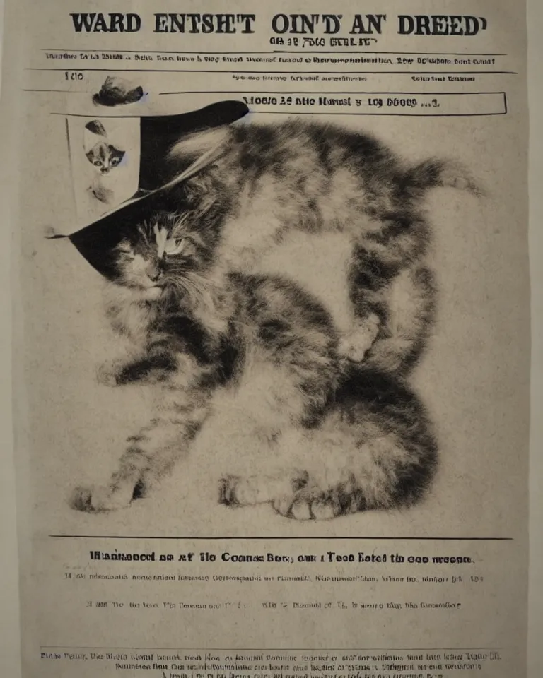 Prompt: 1865 wanted poster Wanted $1000 Reward kitten in cowboy hat Billy the Kit