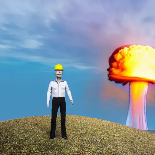 Image similar to a smiling mannequin standing in a hill, nuclear explosion in the background, 3 d render, octane, ray tracing, ultra detailed, photorealistic, ultra high resolution, 8 k,