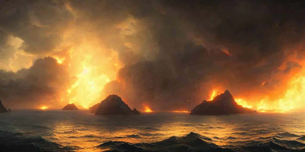 Image similar to matte painting,Epic scene, Fire Phoenix,sea,cloud,by greg rutkowski and Richard Lay,in volumetric lighting, Trending on artstation,HD