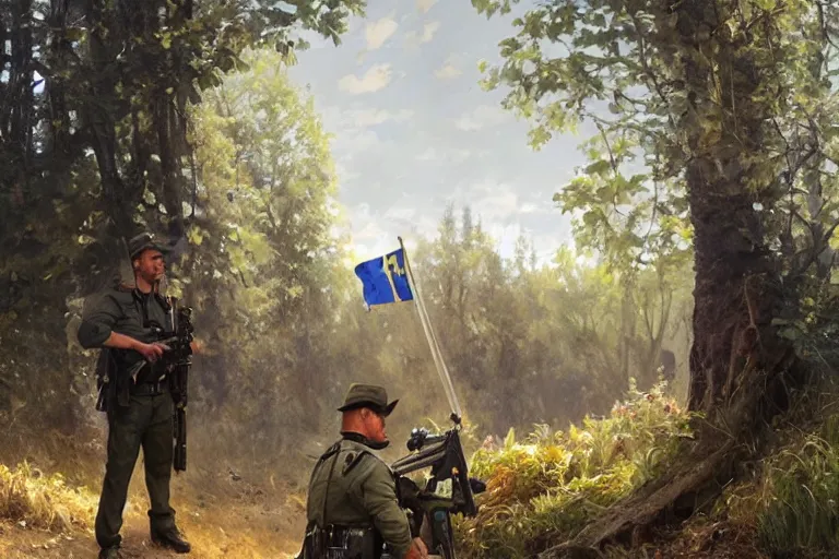 Image similar to border guards surprised to discover eu flag behind the trees, realistic painting, symmetrical, highly detailed, digital painting, artstation, concept art, smooth, sharp focus, illustration, cinematic lighting, art by artgerm and greg rutkowski and alphonse mucha