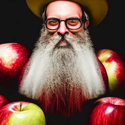 Prompt: beautiful professional photograph of a wizard with a very long white beard, brewing brewing, potions, elixirs, potions potions, in an apple!!! orchard