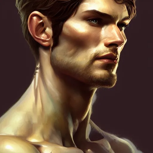 Prompt: portrait of forest gog, male, clear face, masculine, upper body, muscular, fantasy, intricate, elegant, highly detailed, digital painting, artstation, concept art, matte, sharp focus, illustration, art by artgerm and greg rutkowski and alphonse mucha