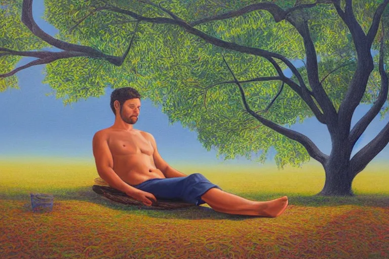 Image similar to painting of a peaceful man relaxing under a tree by alex grey, acrylic art, calm, soothing, cosy, elegant, soft light,