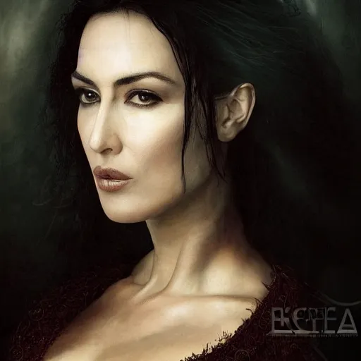 Image similar to majestic gracious regal aristocratic raven haired monica bellucci as the vampire pandora portrait, indoors, atmospheric lighting, painted, intricate, volumetric lighting, beautiful, rich deep colours masterpiece, sharp focus, ultra detailed, by leesha hannigan, ross tran, thierry doizon, kai carpenter, ignacio fernandez rios