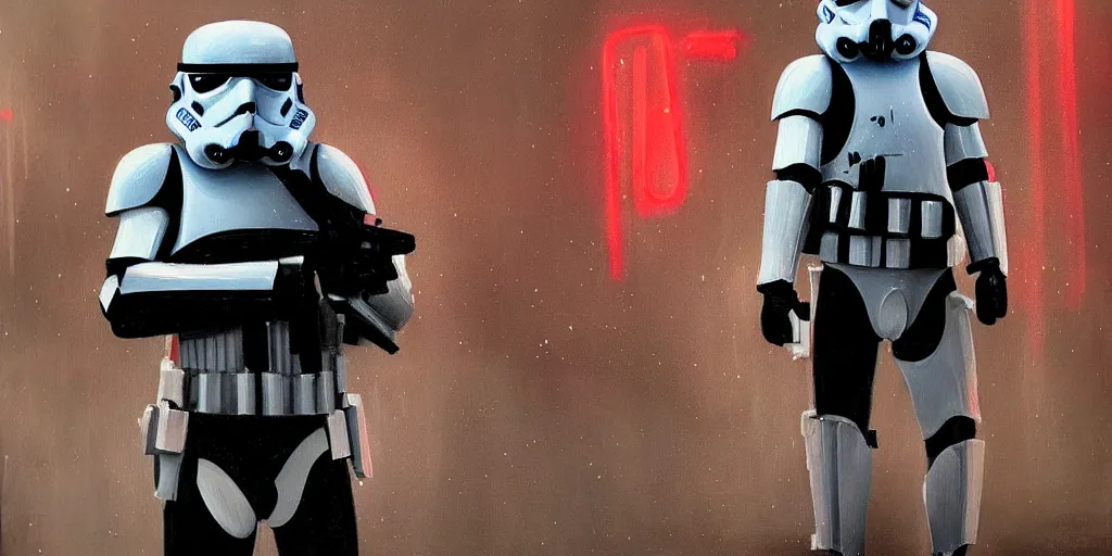 Prompt: detailed painting, stormtrooper standing in the rain, neon lights featured on artstation, cinematic lighting, kashin, wadim