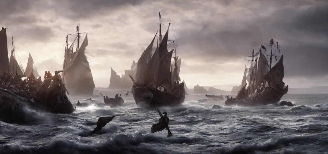 Image similar to vikings landing on the shore of iceland, dramatic lighting, cinematic, establishing shot, extremely high detail, photo realistic, cinematic lighting, post processed, concept art, artstation, matte painting, blizzard studio, wow, style by eddie mendoza, raphael lacoste, alex ross