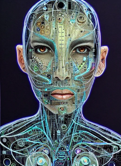 Image similar to biopunk cyborg portrait by julie bell, intricate integrated circuit patterns, detailed!, very sharp!!!