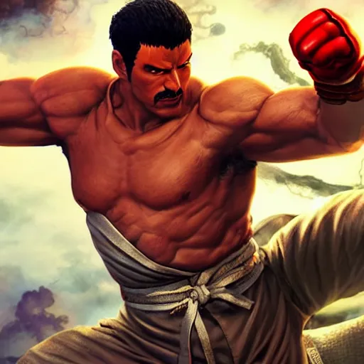 Prompt: freddy mercury as ryu street fighter, ultra realistic, concept art, intricate details, highly detailed, photorealistic, octane render, 8 k, unreal engine, art by frank frazetta, simon bisley, brom