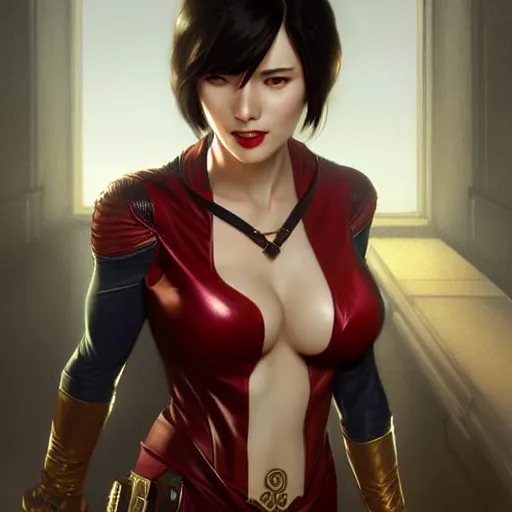 Image similar to Ada Wong as Super Girl, western, D&D, fantasy, intricate, elegant, highly detailed, digital painting, artstation, concept art, matte, sharp focus, illustration, art by Artgerm and Greg Rutkowski and Alphonse Mucha