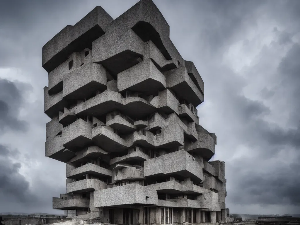 Prompt: photo of a brutalist building in the middle of a storm. realistic clouds that resemble levitating large rocks. impressive, magical, very atmospheric, fog, cinematic, deep, very high complexity, stunning, dramatic masterpiece, iridescent, chiaroscuro, romantism, very detailed. 4 k