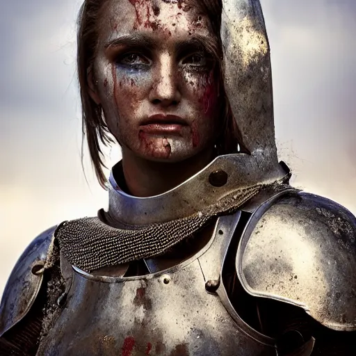 Prompt: head and shoulders portrait of a female knight, chipped armor, dirty armor, lightly dirty face, light spatter of blood, detailed face, photography by jimmy nelson, dramatic mountain background, golden hour, hq