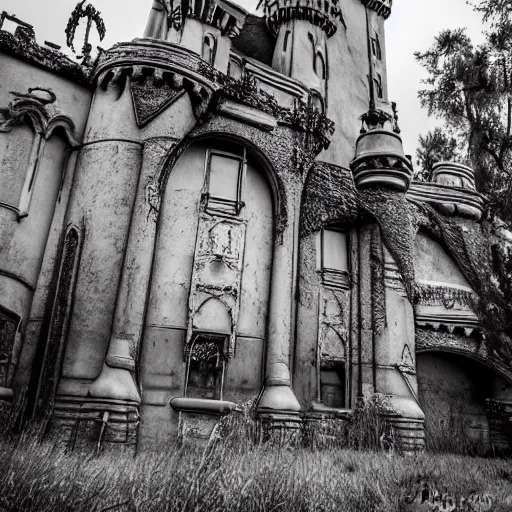 Image similar to Abandoned disneyland castle, with cobwebs and cracks, urban exploration, decaying, 24mm f/3.5